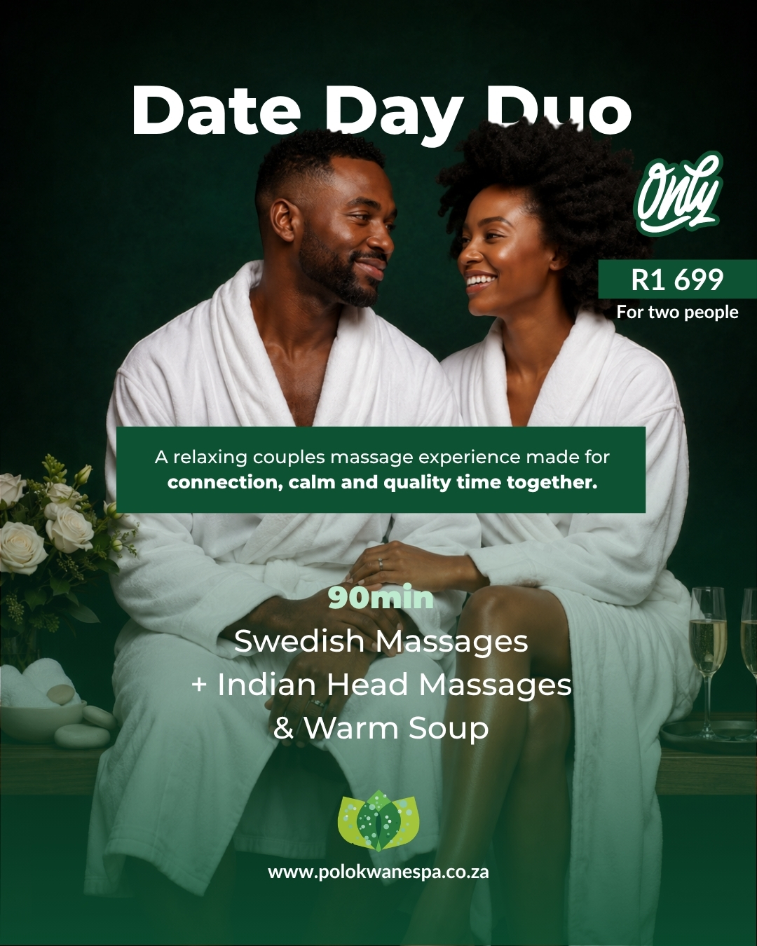 A relaxing couples massage experience made for connection, calm and quality time.