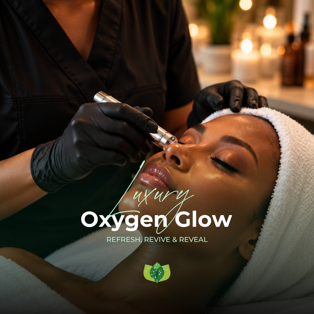 Woman receiving a Luxury Oxygen Glow facial treatment at Natural Living Spa in Polokwane, featuring professional oxygen skincare for refreshed, radiant-looking skin.