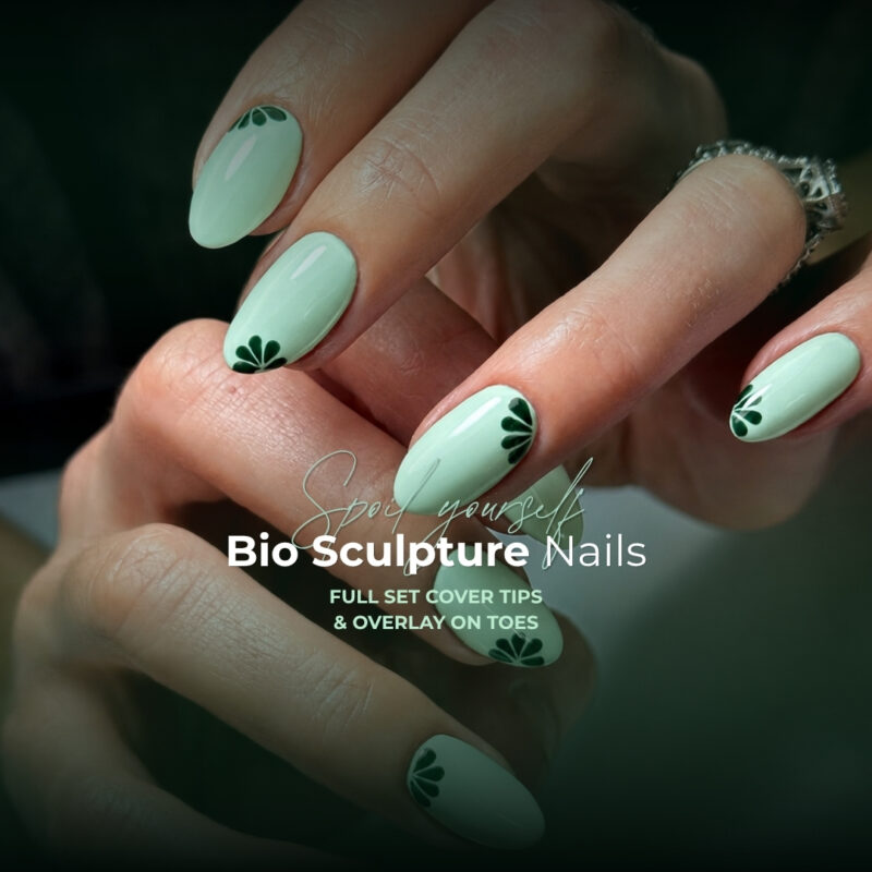 Bio Sculpture Full Cover Tips with green nail art and signature mocktail at Natural Living Spa Polokwane